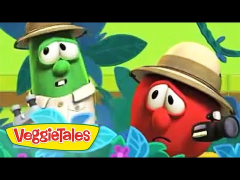 Two VeggieTales characters in safari outfits wearing hats in a bright jungle setting, with the VeggieTales logo in the corner.