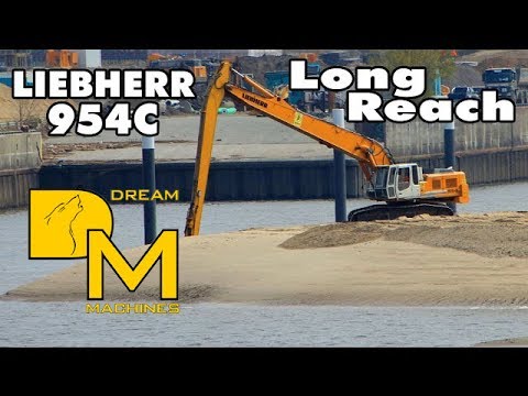 LIEBHERR 954C LONG REACH BAGGER BAUT INSEL IM HAFENBECKEN BAUSTELLE HAFENCITY HAMBURG DREAM MACHINES