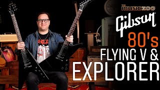 Video thumbnail for Gibson 80s Explorer and Flying V: Product Review and Video Demo Playthrough by The Music Zoo