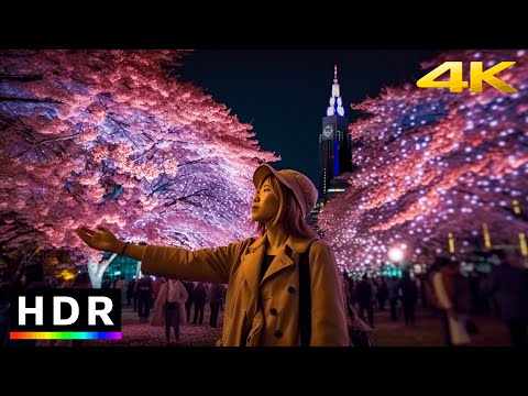 Tokyo Sakura Illumination Night Walk at Shinjuku Gyoen //4K HDR