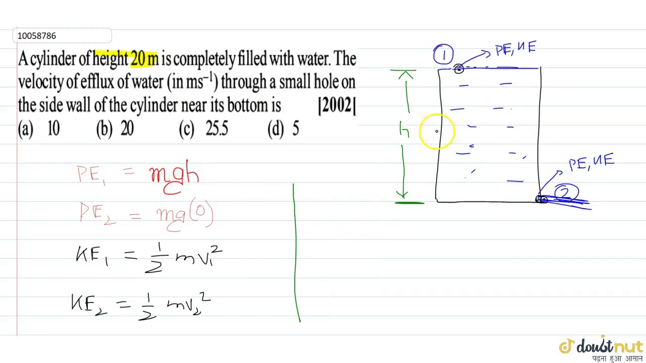A cylinder of height 20m is completely filled with water. The velocity of effux of water `(