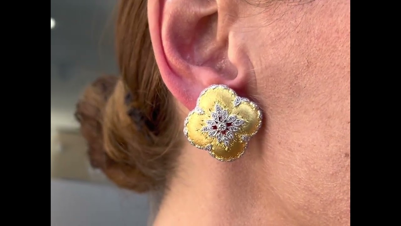 1990's#diamond  #diamond  18K #gold  Platinum Rigato Clover Flower Clip On Stud #earrings  (1101106)