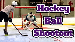 Shootout Challenge with Hockey Ball (loser gets hit with hockey ball)