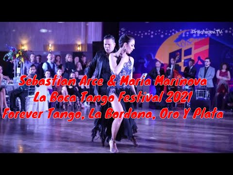  Maria Marinova  and  Sebastian Arce  are  dancing  to  "  La Bordona  "  or  "  Oro y plata  "  by  Forever Tango  at  La Boca Tango Festival  in  2021