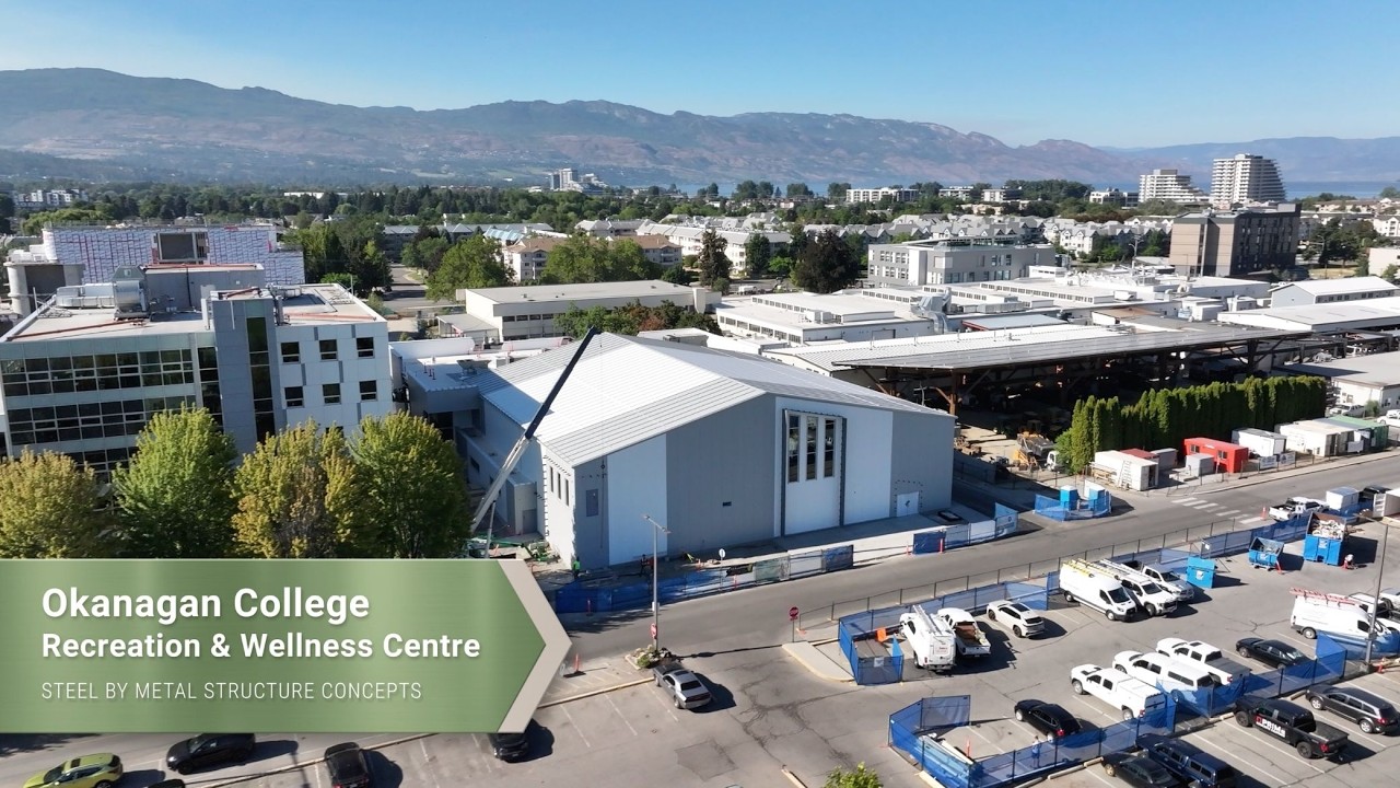 Wall panels going up on the steel frame at the Okanagan College Recreation and Wellness Centre