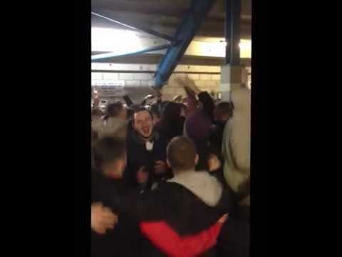 Blades fans celebrating "below stairs" at half time; Leading Tranmere 1-0.