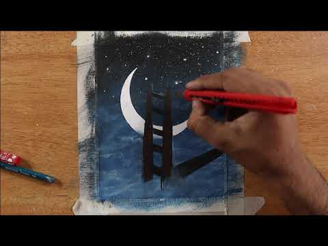 Beautiful Moonlight scenery drawing with oil pastels - step by step