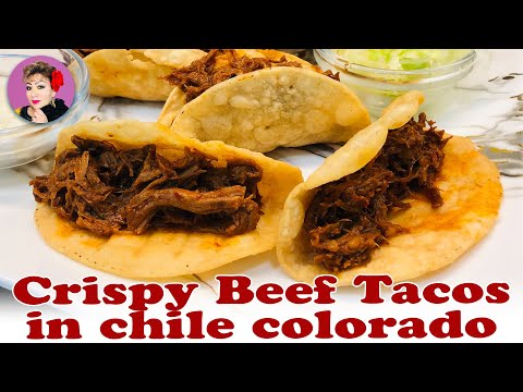 Crispy Beef Tacos in Chile Colorado