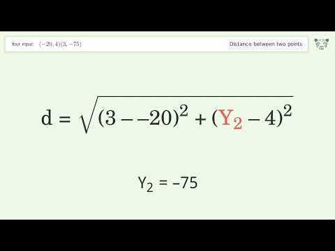 Find the distance between two points p1 (-20,4) and p2 (3,-75): Step-by-Step Video Solution