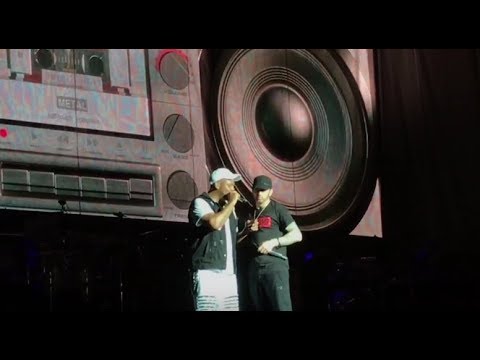 Eminem and Mr. Porter talking to crowd at Reading Festival,2017