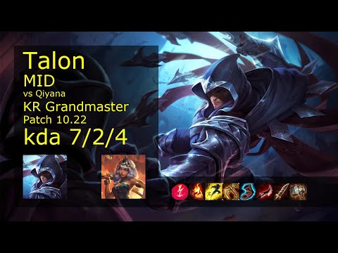 Talon vs Qiyana Mid - KR Grandmaster 7/2/4 Patch 10.22 Gameplay // [롤] 탈론 vs 키아나 미드
