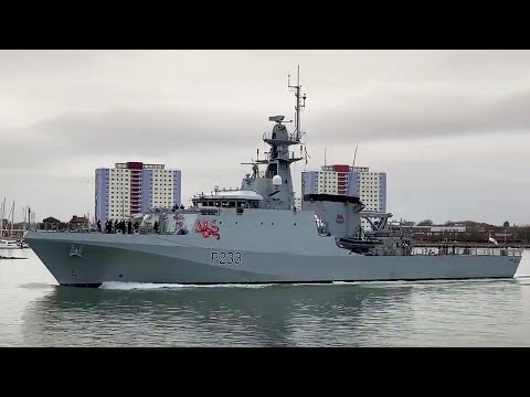 HMS Tamar heads out from Portsmouth