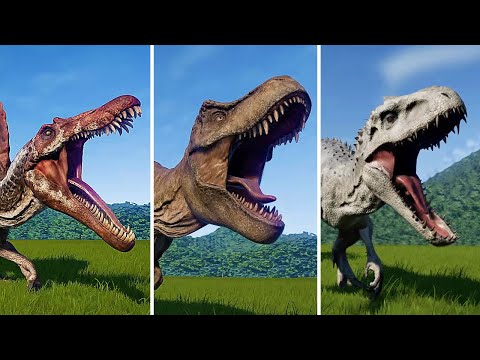 TYRANNOSAURUS REX VS INDOMINUS REX VS SPINOSAURUS - DINOSAUR BATTLE || JURASSIC WORLD EVOLUTION
