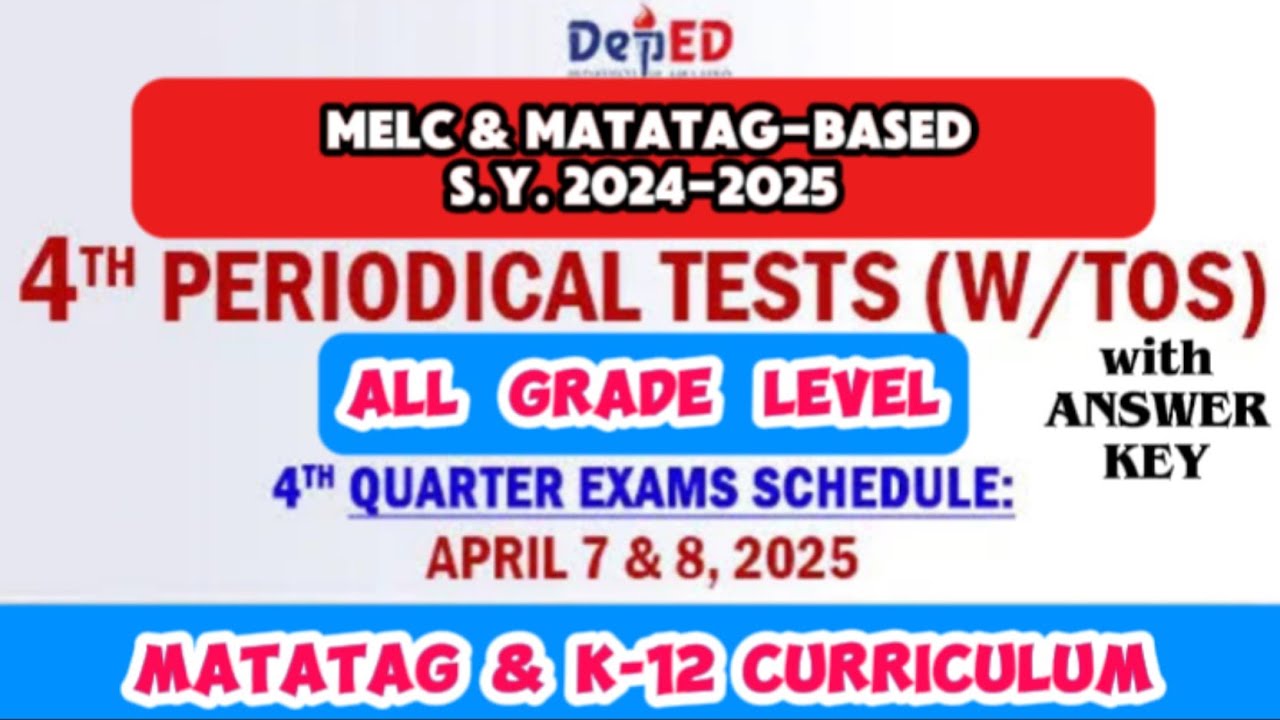 4TH QUARTER/PERIODICAL TEST WITH TOS & ANSWERS KEY FOR KINDER, GRADE 1-12 MATATAG, MELC-BASED K-12