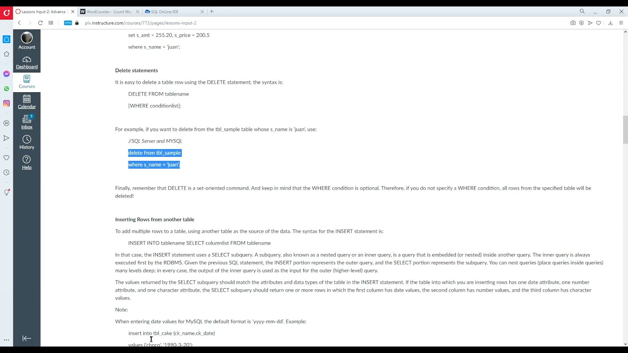 Unit Two – Inserting, Updating, Deleting and Selecting Records, and using SQL Operators