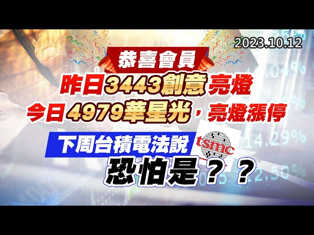 20231012《股市最錢線》#高閔漳 ” 恭喜會員，昨日3443創意亮燈；今日4979華星光，亮燈漲停”” 下周台積電法說，恐怕是？？”