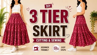 3 Tiered Skirt Cutting & Sewing Tutorial | Easy DIY Elastic Waist Skirt  #stalkmycloset #skirt #sew