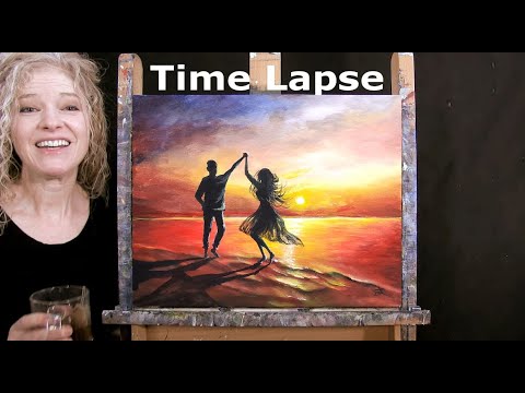 TIME LAPSE - Learn How to Paint "SUNSET BEACH DANCE" with Acrylic - Easy Step by Step Painting