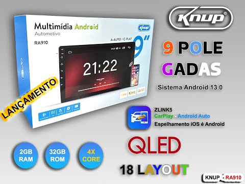 MULTIMIDIA KNUP RA910 - Android 14 - 2Gb - 32gb - Qled - Carplay android auto - Espelhamento