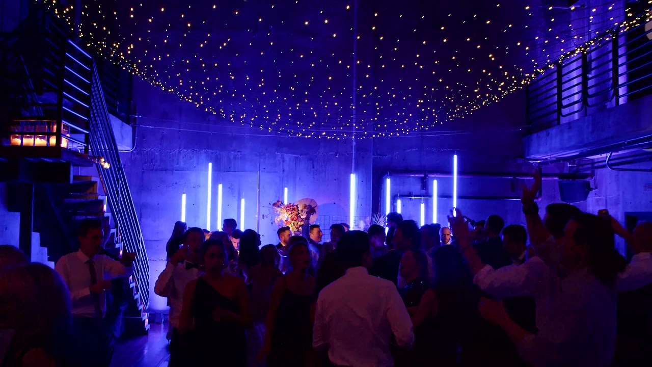 Video thumbnail showing twinkle lighting canopy and Hyperion pixel lights at Fremont Foundry wedding reception.