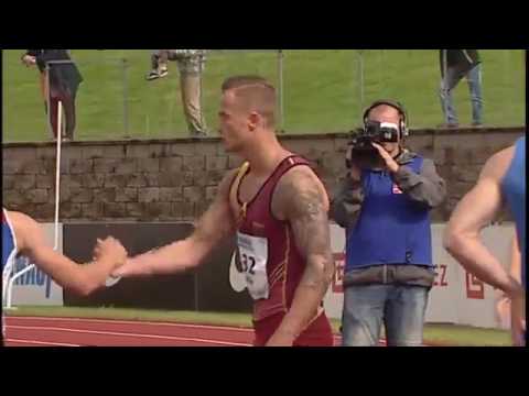 MČR 2017 Třinec 100m heat 1, Jan Veleba, Marcel Kadlec, Vojtěch Netymach
