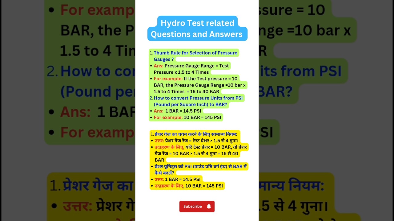 Hydro Test Questions and answers | Pressure Gauge selection | Convert PSI to BAR #piping #shorts