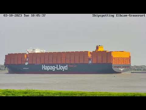 BERLIN EXPRESS IMO: 9540118 verlässt Hamburg in Richtung Antwerpen am 03.10.2023 auf der Elbe