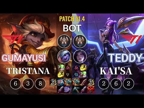 T1 Gumayusi Tristana vs T1 Teddy Kai'Sa Bot - KR Patch 11.4