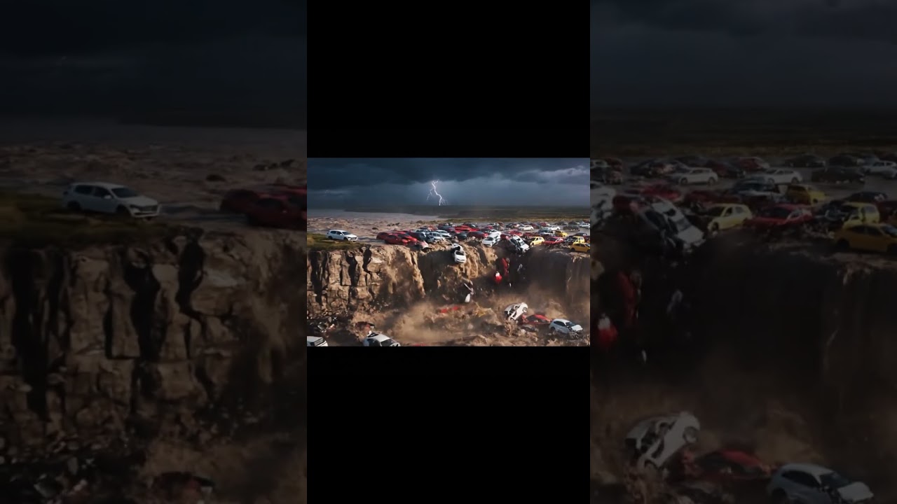 Apocalyptic Flood Washes Cars Over a Cliff.
