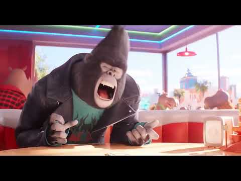 Sing 2 official trailer thumbnail showing Buster Moon and friends on stage, used as a visual cue for the soundtrack
