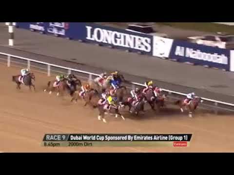 Arrogate powering from last place to win the 2017 Dubai World Cup. 🏆
