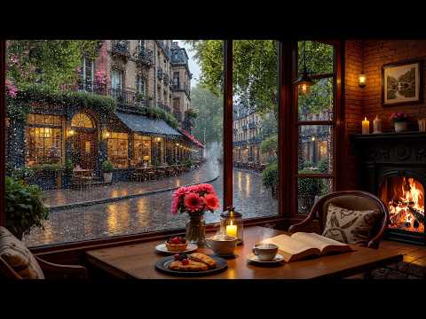 24/7 Rainy Coffee Shop ☕ Deep Focus Jazz Piano & Cozy Fireplace Sounds for Study & Work