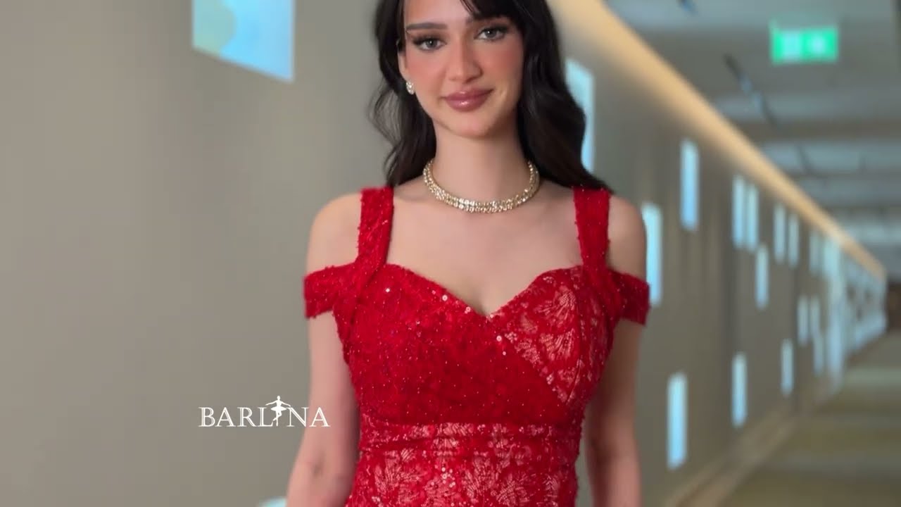 فستان سهرة أحمر بأشرطة كتف مزخرفة - XL