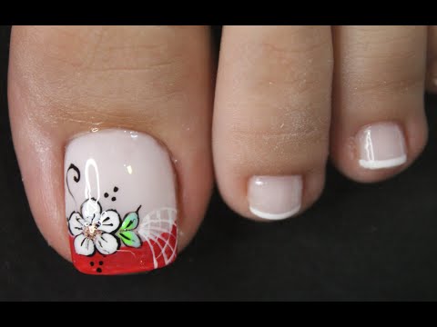 DISEÑO DE UÑAS PARA PIES FLOR Y FRANCES EN ROJO Y BLANCO – FRENCH NAIL ART – FLOWERS NAIL ART – NLC