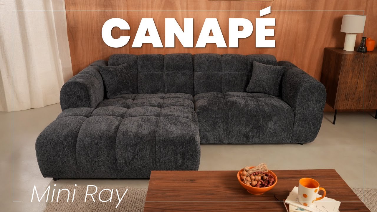 Thumbnail video of the produit Mini Ray - Canapé d'angle droit 4 places en tissu texturé