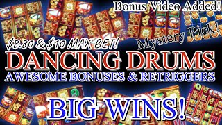 Dancing Drums Slot Machine Awesome Bonuses Retriggers BIG WINS! $8.80 & &10 Max Bet! Mystery Pick! 😱