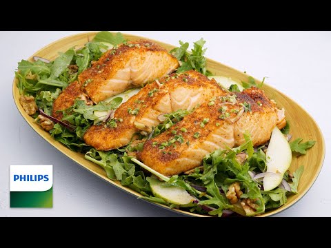 Lachs mit Rucola-Birnen-Salat und Walnüssen (aus dem Airfryer)