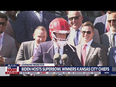 President Biden wears Chiefs helmet at White House Super Bowl celebration