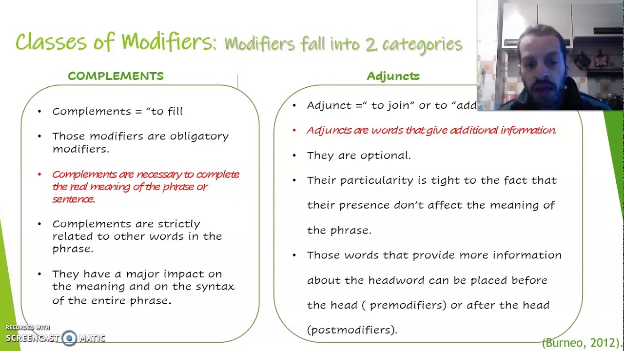 Analyze the use of Heads and Modifiers complements and adjuncts