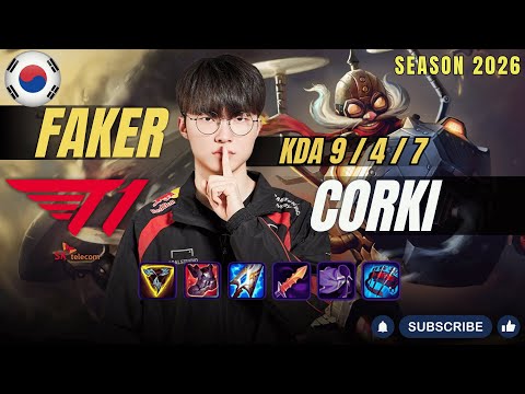 T1 Faker CORKI vs AKALI Mid - Patch 26.1 KR Ranked | lolrec