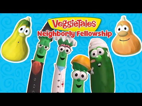 Cartoon vegetables with the title 'VeggieTales Neighborly Fellowship' on a blue patterned background.