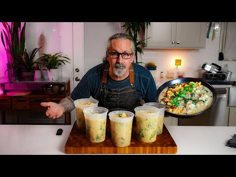 Creamy White Chickpea & Kale Chili with Cauliflower Cream and Crispy Soy Curls