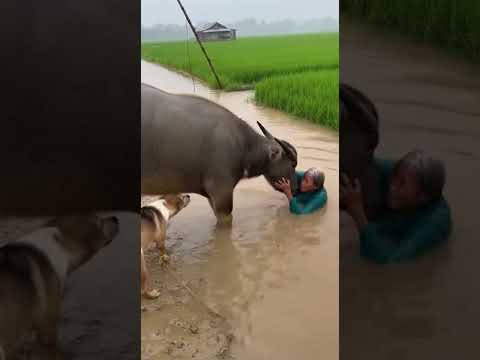 Elle Tombe dans le Canal Un Buffle et un Chien la Sauvent