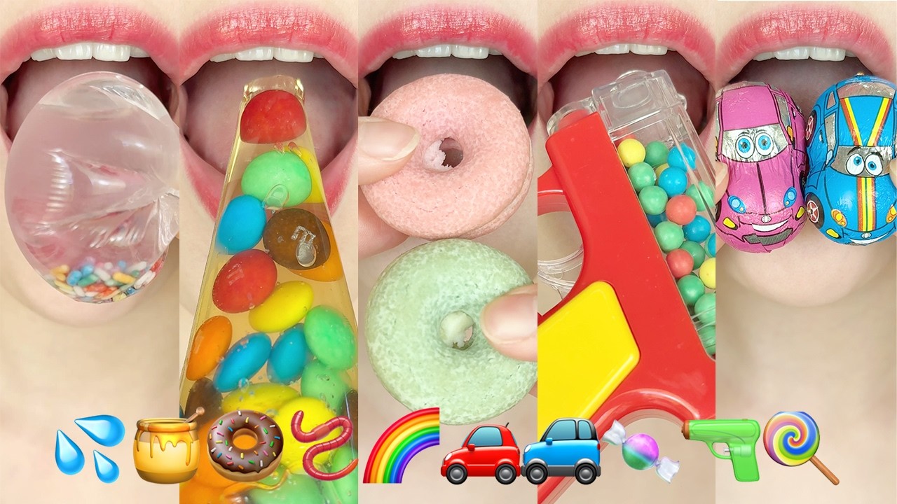 asmr RAINBOW EMOJI FOOD 💦🍯🍩🪱🌈🚗🚙🍬🔫🍭 이모지 먹방 eating sounds