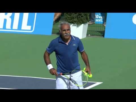 Mansour Bahrami & Yannick Noah playing with giant tennis ball & many small tennis balls-Great Fun!