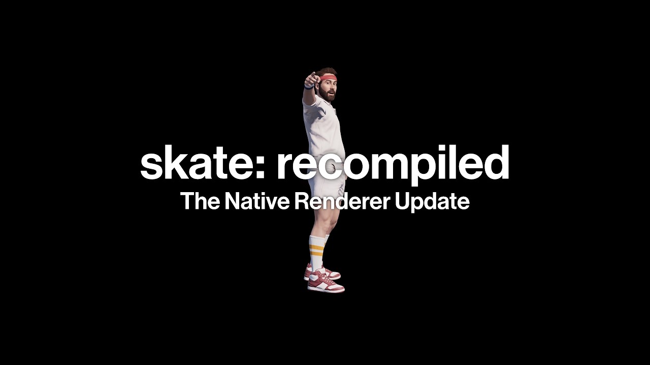 Skate 3 Recomp의 네이티브 렌더링 쇼케이스 유튜브 썸네일로, 중앙에 캐릭터 모델과 대형 제목 텍스트가 배치되어 있습니다.
