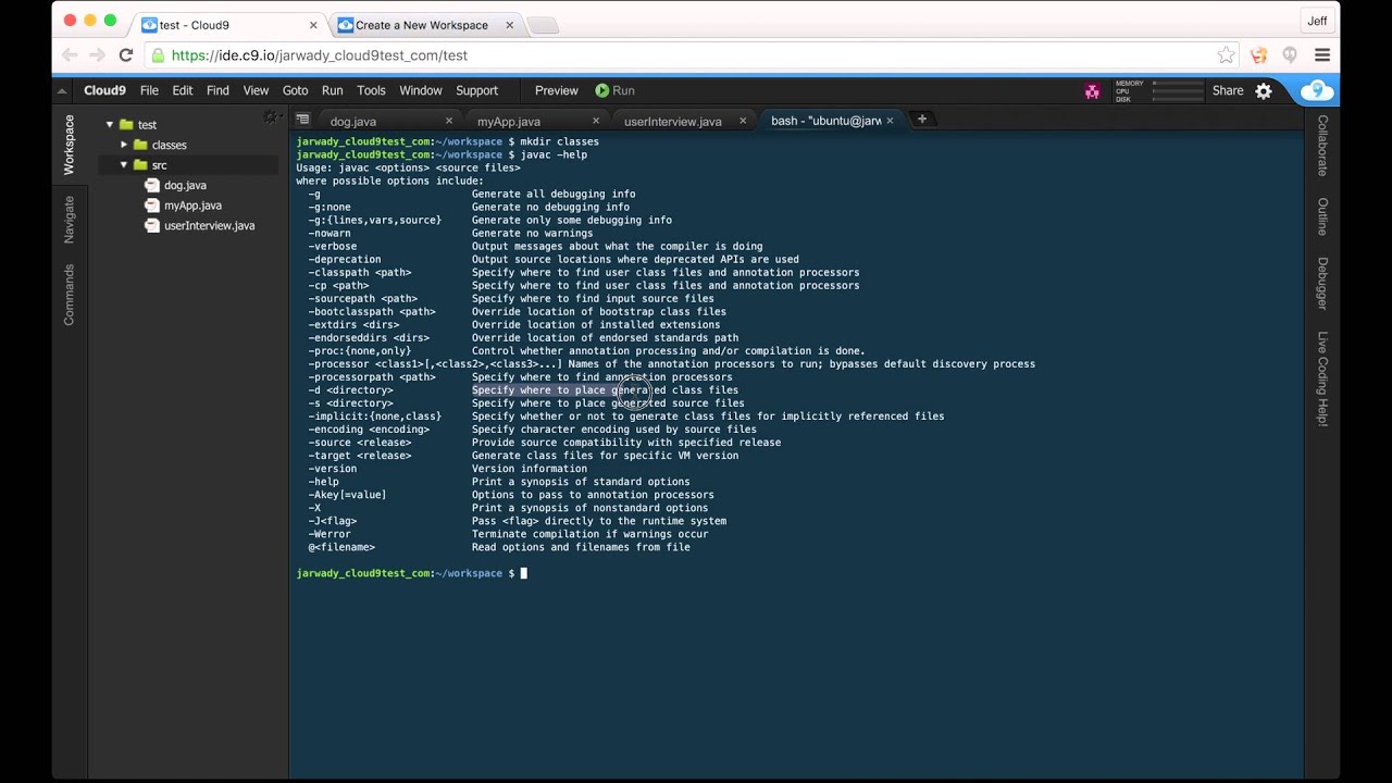 Compiling Java Using Cloud9 IDE Terminal