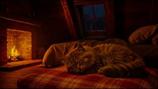 Relax Fast with Purring Cat & Crackling Fire Sounds🐱🌧️Rain Sounds for Deep Sleep🏡Cozy Cabin Ambience