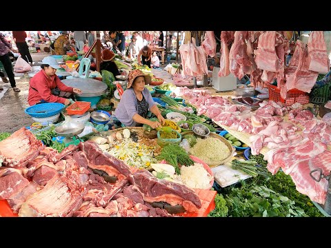 Morning Food Market Scenes - Daily People Activities & Massive Food Supplies @Chhbar Ampov Market