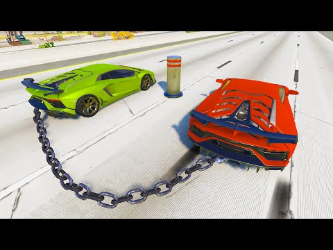 Chained Cars vs Bollards – BeamNG.Drive #16